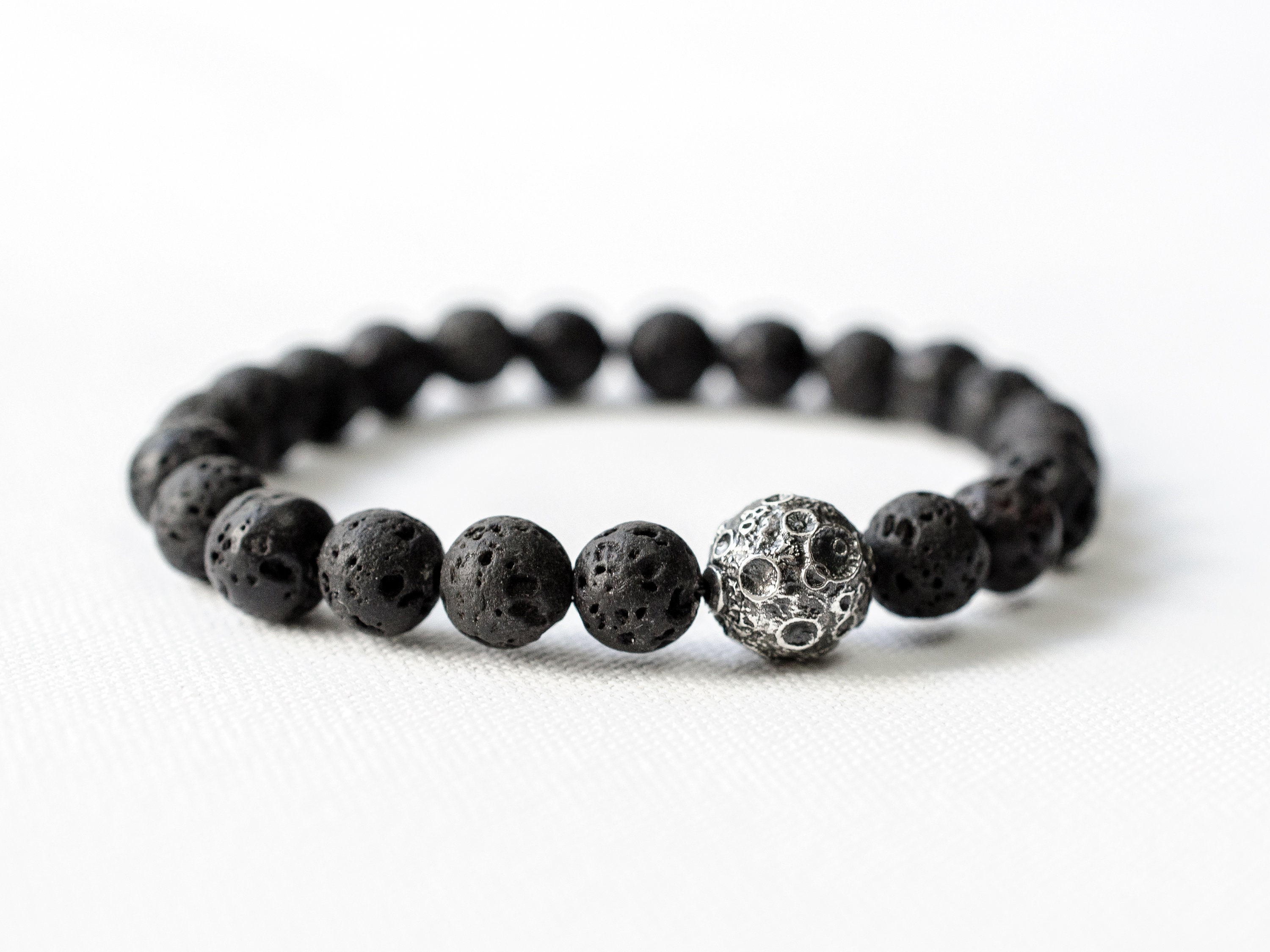 Men's Lava Stone Moon Bracelet, 8mm Black Volcanic Beads