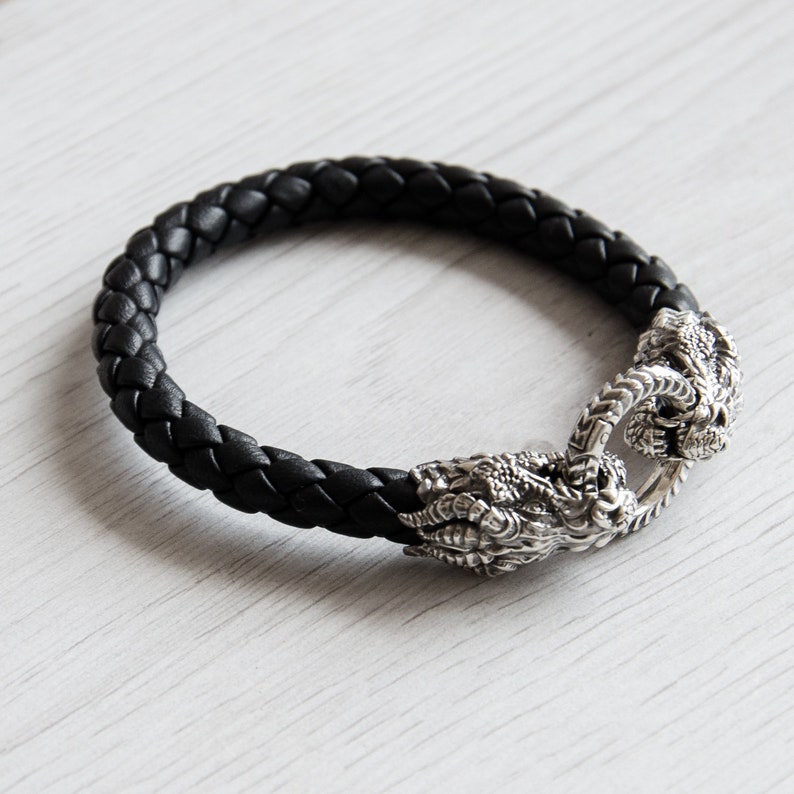 Sterling Silver Dragon Bracelet Men Braided Leather Black - Etsy