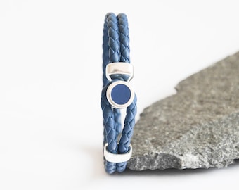 Mens Blue Leather Bracelet, Silver and Enamel Bracelet for Man, Navy Silver Wristband, Unique Gift for Man