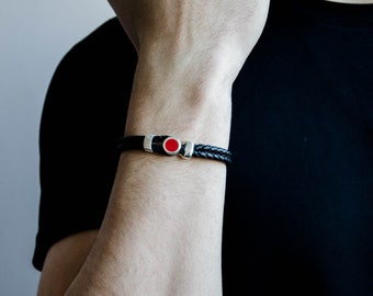 Red and Black Bracelet, Man silver bracelet with black leather and enamel, Casual bracelet, Navy Bracelet, Gift for Man who have everything