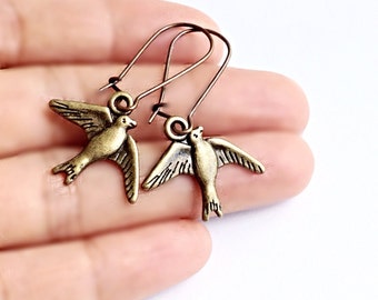 Antique Brass Bird Earrings, Bird Jewelry, Nature Jewelry, Whimsical Earrings, Dangle Bird Earrings Under 10, Bronze Earrings, Earrings Gift