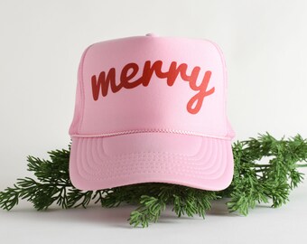 Pink Merry Trucker Hat. Christmas Foam Trucker Hat with Mesh Back.