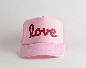 Love Valentine's Day Trucker Hat. Pink Hat For Valentine's Day. Foam Trucker Hat. Mesh Back Trucker Hat.