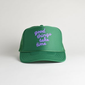 Good Things Take Time Foam Trucker Hat. Colorful Kelly Green and Purple Trucker Hat. Positive Affirmation Hat. Encouragement Gift For Friend