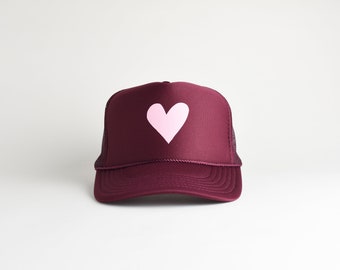 Heart Trucker Hat. Maroon and Light Pink Heart Baseball Cap. Valentine's Day Foam Trucker Hat. Screen Printed Heart Hat. Love You Gift.