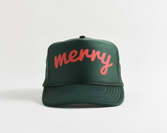 Merry Trucker Hat. Dark Green Merry Hat. Christmas Foam Trucker Hat with Mesh Back.