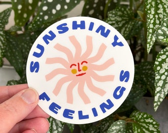 Sunshiny Feelings Vinyl Sticker. Sunshine and Good Feelings. Find the Joy. Waterproof Weatherproof Sticker. Good Vibes. Pink Illustrated Sun