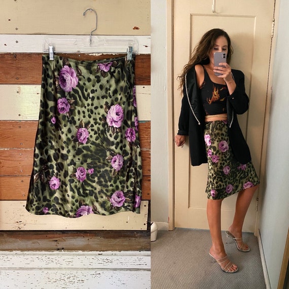 Vintage 90s Y2K Green Leopard 3D Rose Print Slip S