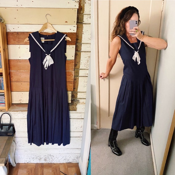 Vintage Laura Ashley Navy Sailor Collar Drop Waist