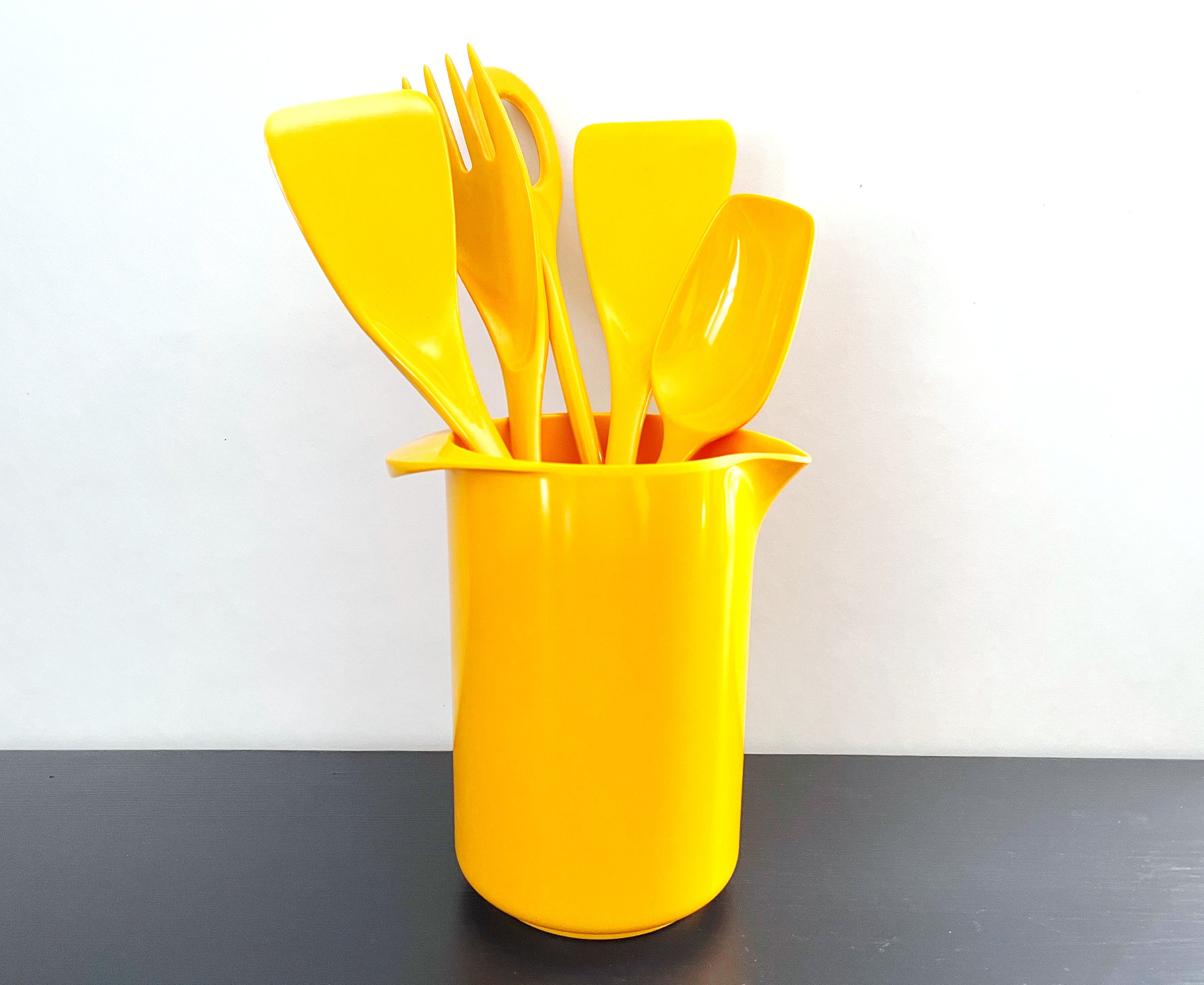 Vintage Yellow Plastic Utensil Set With Holder By 