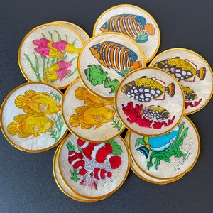 Vintage Capiz Shell Coaster Set with Fish Design