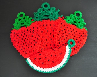 Vintage Crocheted Fruit Pot Holders, Strawberry and Watermelon