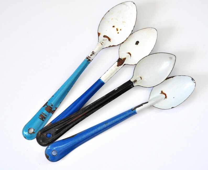Vintage Enamel Serving Spoons Set of Four Rusty and Chippy Etsy