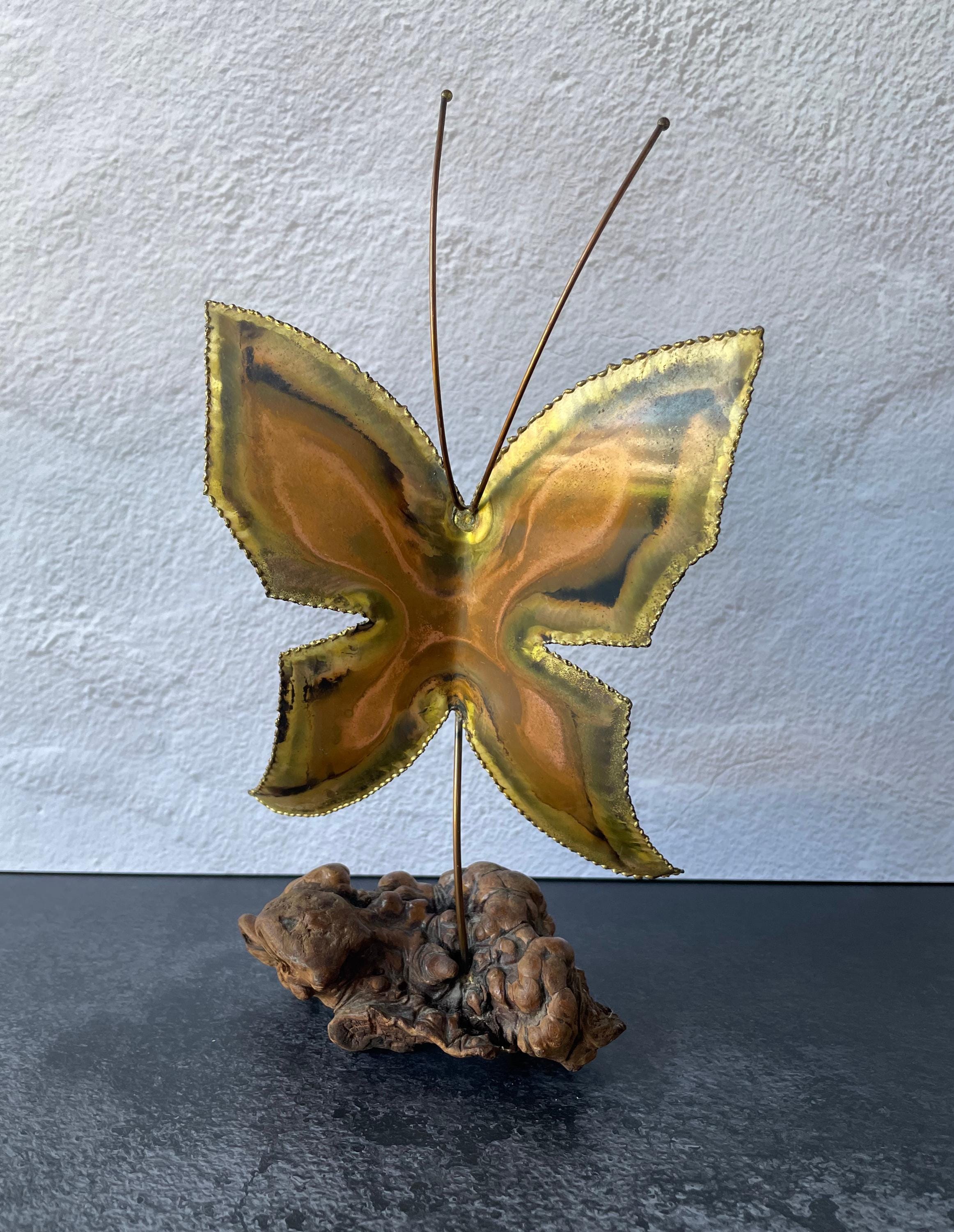 Brutalist Butterfly - Etsy Vintage 70s Copper Brutalist Butterflies on Cypress Wood Sculpture Retro Boho main image 0