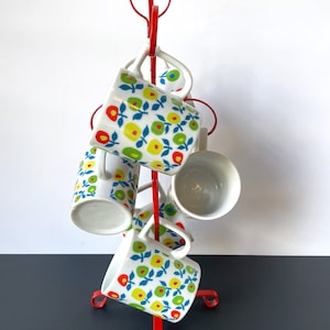 Vintage Red Metal Mug Tree with Mod Floral Mugs