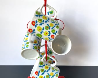 Vintage Red Metal Mug Tree with Mod Floral Mugs