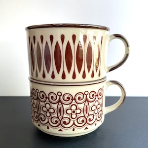 Vintage Ceramic Soup Mugs, Mod Brown Design