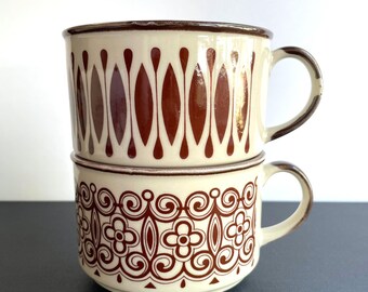 Vintage Ceramic Soup Mugs, Mod Brown Design