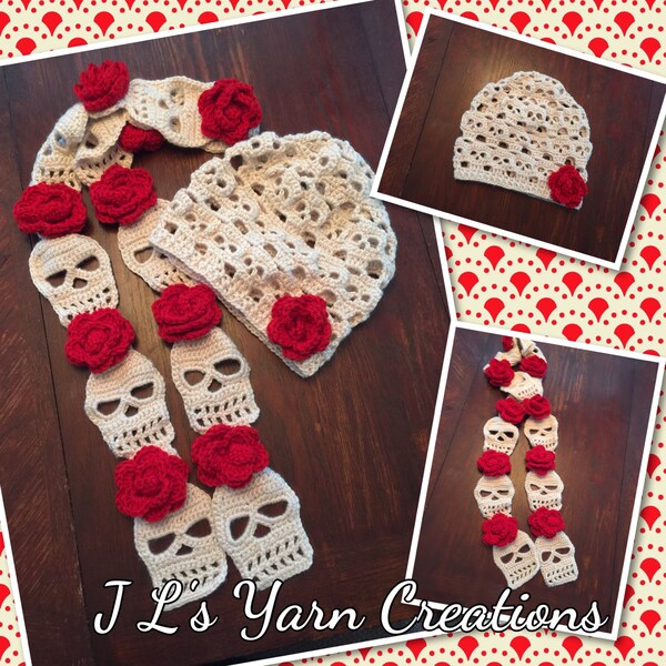 Crocheted Skull Slouchy Hat and Scarf Set