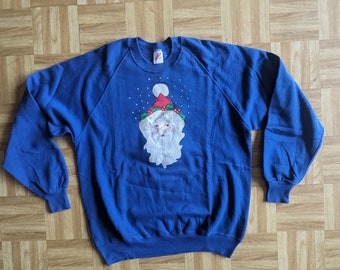 AUTHENTIC Vintage 80s 90s Ugly Christmas Sweater Santa Claus Hand painted Jerzees Blue XL