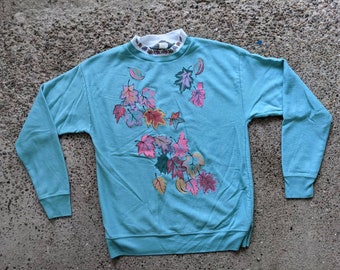 Vintage 80s 90s Grandma Fall Leaves autumn Sweatshirt Mock turtleneck hand painted Blair Medium Aqua Super Soft