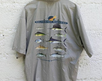 Vintage 90s Columbia Saltwater GameFish Button Down Short Sleeve Shirt Large Outdoor Camping Fishing