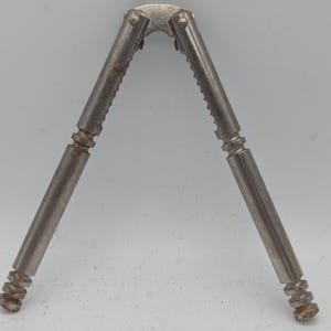 May include: A silver metal nutcracker with a textured grip and a hinged jaw. The nutcracker is in a closed position.