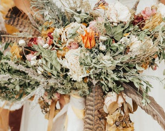 dried flower bouquet, dried bridal bouquet, indian paintbrush bouquet, orange bridal bouquet, feather bouquet, rustic bridal bouquet, pnw