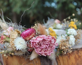 custom bridal crown, pink flower crown, pink and orange bridal crown, daisy crown, yellow and white flower crown, dried flower crown, peony