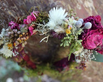 custom bridal crown, burgundy bridal crown, burgundy flower crown, marsala flower crown, dried flower crown, red flower crown, red and white