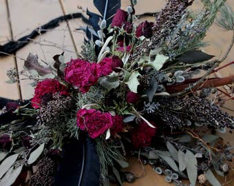 dried flower bouquet, red bridal bouquet, goth bouquet, halloween bouquet, halloween wedding, red and black, red and black wedding, boho