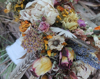 dried flower bouquet, dried bridal bouquet, orange bridal bouquet, mustard bridal bouquet, feather bouquet, rustic bridal bouquet, lavender
