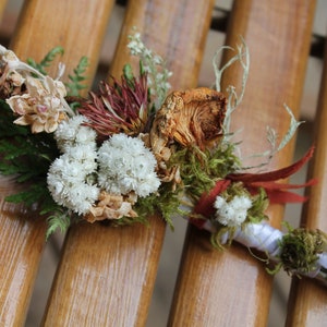 custom boutonniere, chanterelle boutonniere, mushroom boutonniere, dried orange flower boutonniere, autumn boutonniere, pearly everlasting image 1