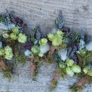 custom boutonniere, hop boutonniere, hops boutonniere, brewery wedding, autumn boutonniere, lavender boutonniere, herb boutonniere, taupe