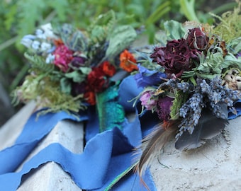 custom dried flower corsage, wrist corsage, jewel tone corsage, rust orange corsage, lavender corsage, rustic corsage, elopement flowers