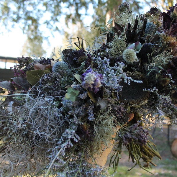 dried flower bouquet, blue bouquet, jiu jitsu bouquet, jiu jitsu bride, bjj bride, dusty blue bouquet, thistle bouquet, jiu jitsu wedding