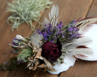 custom boutonniere, maitake mushroom boutonniere, pheasant feather boutonniere, lavender boutonniere, woodland boutonniere, marsala, violet