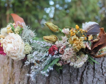 custom bridal crown, rust orange bridal crown, dark neutral flower crown, magnolia crown, amber flower crown, mustard flower crown, zinnia