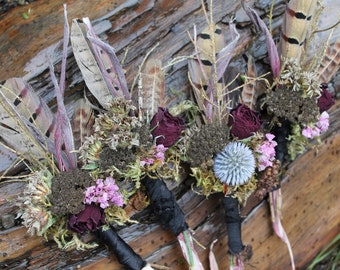 custom boutonniere, woodland boutonniere, thistle boutonniere, mauve boutonniere, burgundy boutonniere, dried flower boutonniere, feather