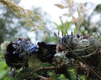 custom bridal crown, purple woodland flower crown, woodland elopement crown, purple dried flower crown, thistle crown, lavender crown, rose