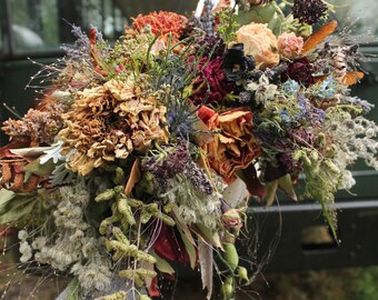 dried flower bouquet, dried bridal bouquet, orange bridal bouquet, rust bridal bouquet, halloween bouquet, autumn bouquet, sunflower bouquet