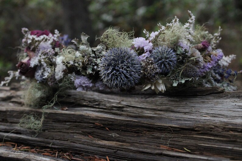 custom bridal crown, lavender crown, mauve flower crown, thistle crown, lavender and blue bridal crown, elopement crown, woodland crown, eco image 2