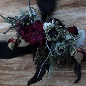 custom dried flower corsage, wrist corsage, burgundy corsage, dark red corsage, feather corsage, bridal corsage, prom corsage, homecoming