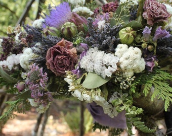 dried flower bouquet, lavender bouquet, dusty purple bouquuet, dried purple flower bouquet, artichoke bouquet, elopement, lavender and white