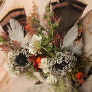 Custom boutonniere,feathet boutonniere, rust orange boutonniere, Montana wedding, elopement flowers, rustic wedding, lichen, turkey feather