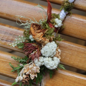 custom boutonniere, chanterelle boutonniere, mushroom boutonniere, dried orange flower boutonniere, autumn boutonniere, pearly everlasting image 2