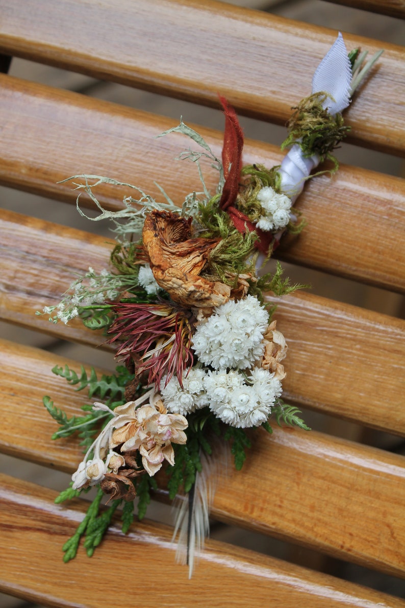 custom boutonniere, chanterelle boutonniere, mushroom boutonniere, dried orange flower boutonniere, autumn boutonniere, pearly everlasting image 2