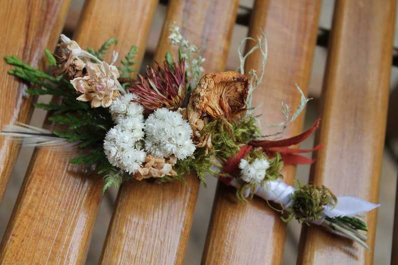 custom boutonniere, chanterelle boutonniere, mushroom boutonniere, dried orange flower boutonniere, autumn boutonniere, pearly everlasting image 1