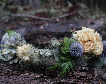 custom bridal crown, blush flower crown, woodland bridal crown, white flower crown, thistle crown, white flower crown, dusty blue hydrangea