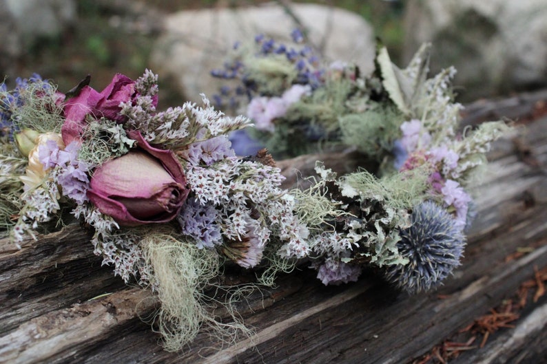custom bridal crown, lavender crown, mauve flower crown, thistle crown, lavender and blue bridal crown, elopement crown, woodland crown, eco image 5